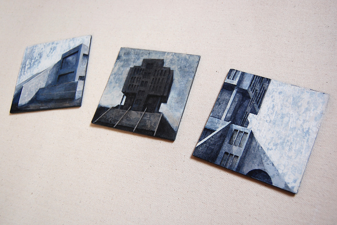 Joanna Pałys, "Element modernistyczny 1 - 2 - 3", akryl na tekturze, trzy miniatury o wymiarach 10 x 10 cm,  I Nagroda w 7. Międzynarodowym Biennale Miniatury, OPK Gaude Mater, Częstochowa  2012