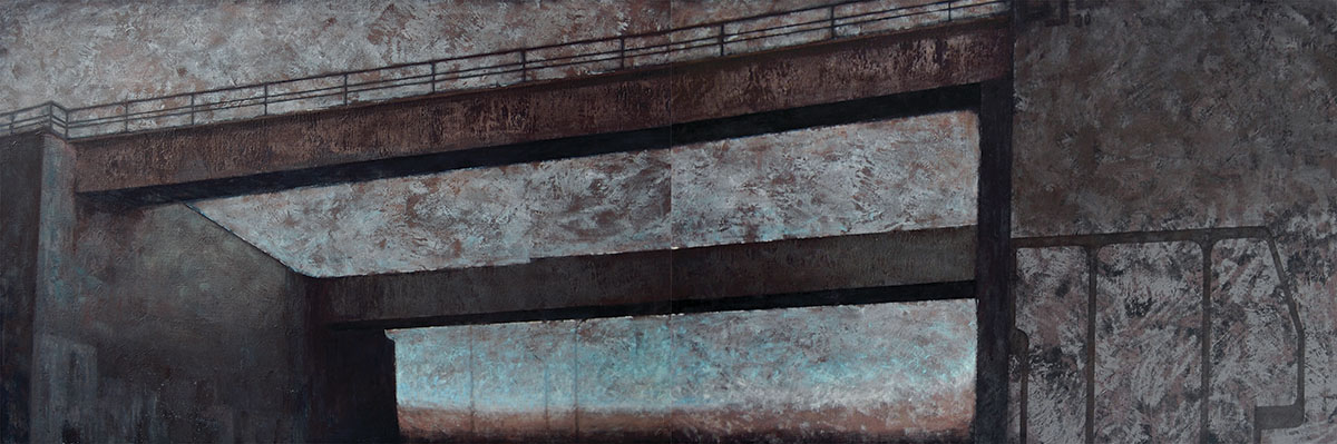 Joanna Pałys "Pejzaż Industrialny IV", technika mieszana, akryl na płótnie, dyptyk: 280 x 100cm, 2008 r.