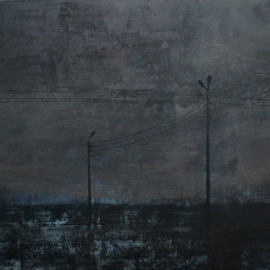 Joanna Pałys "Pejzaż nocny. Latarnie", technika własna mieszana na płótnie, 75×90, 2006