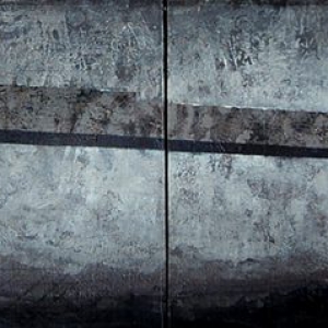 Joanna Pałys, obraz z cyklu Pejzaży Postindustrialnych, technika mieszana na desce, poliptyk,150 × 35 cm, 2008 r.